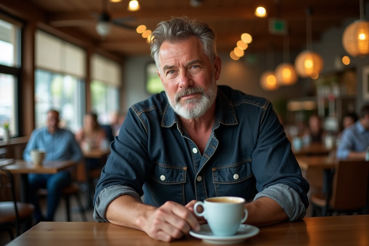 Homme imposant aux traits marqués assis dans un café, capturé dans une atmosphère détendue et authentique rappelant les portraits de célébrités en interview