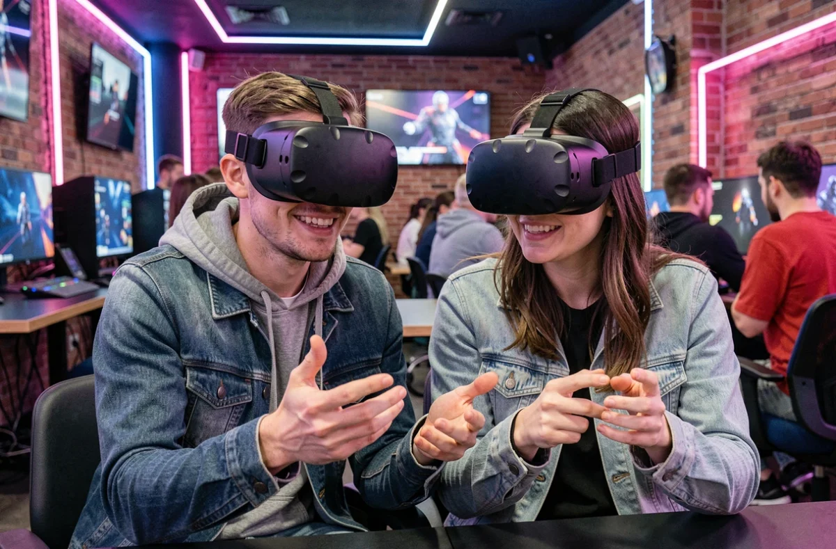 Deux amis portant des casques de réalité virtuelle dans un gaming café moderne, expérience immersive et divertissement numérique