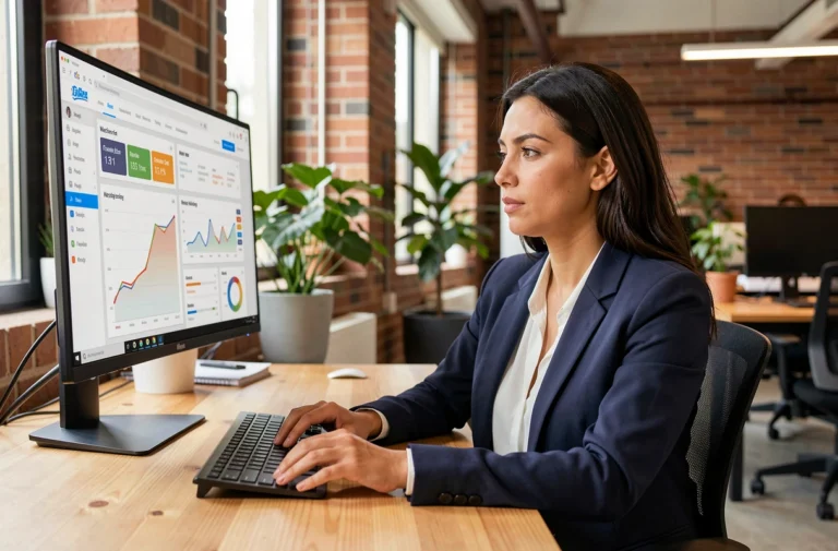 Femme professionnelle analysant des données de visibilité web sur un écran d'ordinateur dans un bureau moderne