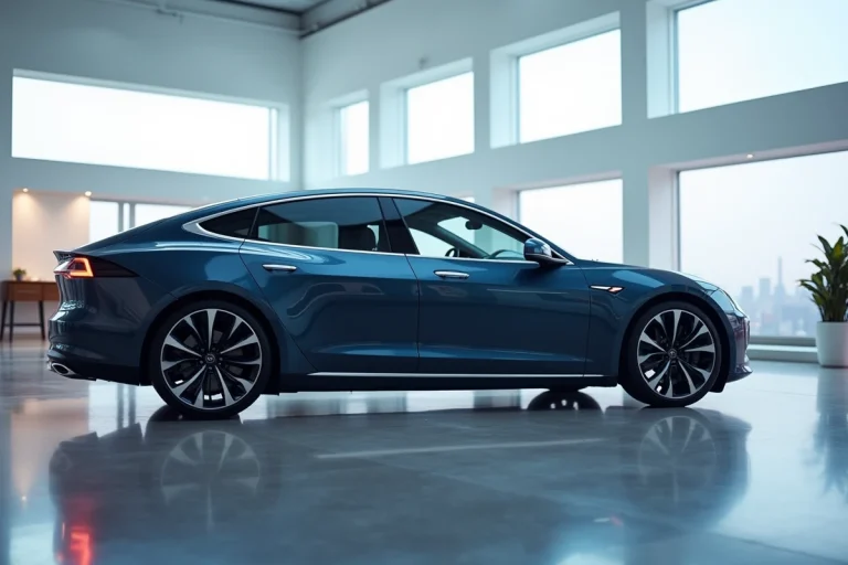 Berline électrique moderne aux lignes aérodynamiques exposée dans un showroom automobile minimaliste en 2024