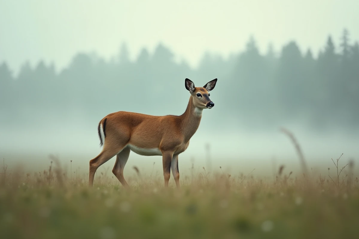 Biche solitaire à l'orée d'un pré brumeux au lever du jour, évoquant la symbolique spirituelle et la douceur de la nature sauvage