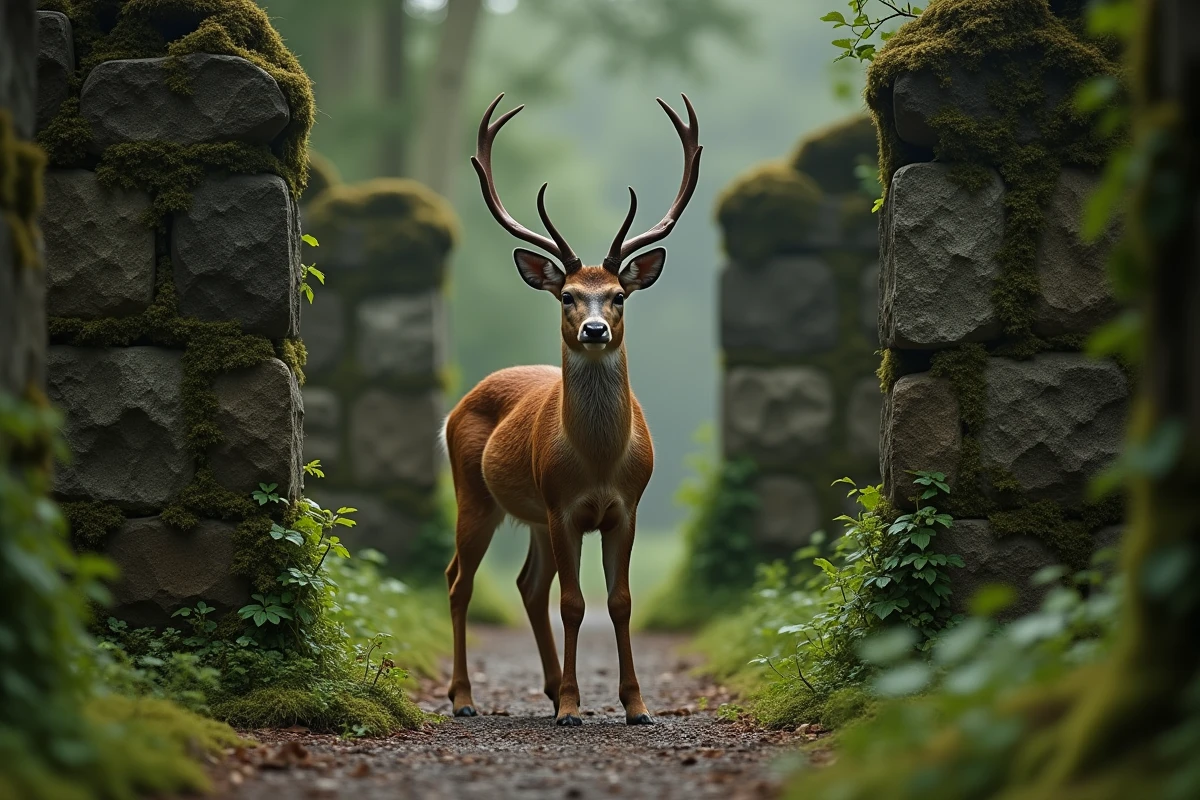 Jeune biche au milieu de ruines en pierre moussues dans une clairière forestière, symbolisant la dimension spirituelle et mystique d'une rencontre avec la nature