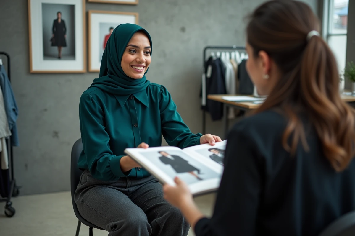 Femme portant le hijab lors d'un casting dans une agence de mannequinat représentant la mode islamique