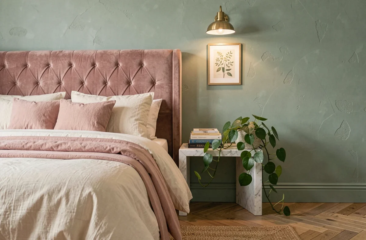 Coin chambre décoré avec soin, tête de lit en velours rose et table de chevet en marbre avec plante verte dans une ambiance cosy
