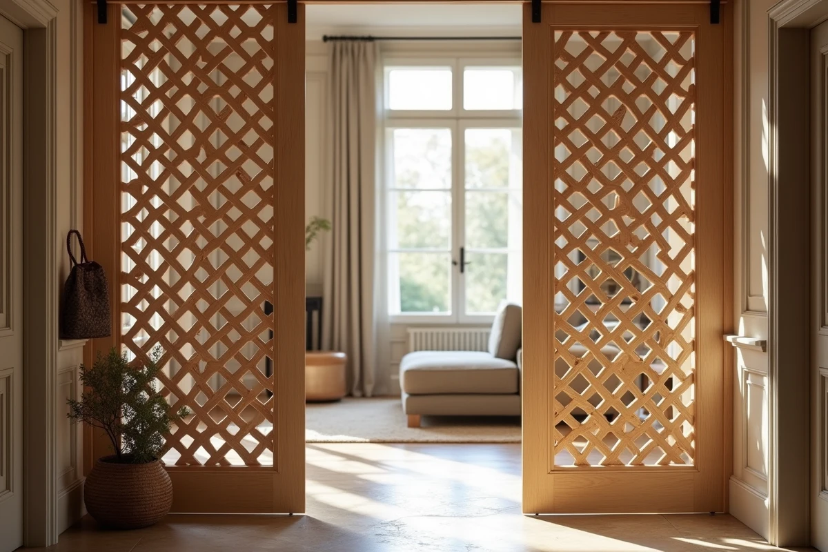 Claustra en bois chêne à motifs géométriques séparant l'entrée du séjour dans un appartement contemporain