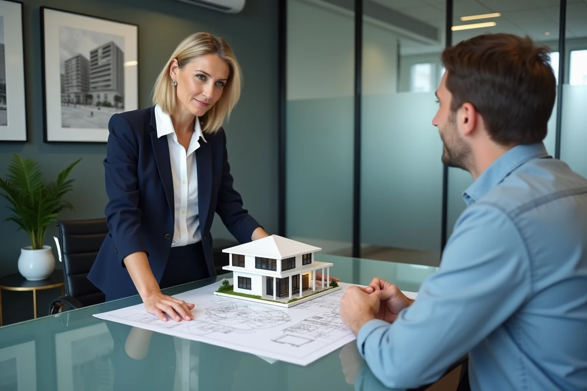 Conseillère immobilière présentant un plan de logement PSLA à un acquéreur potentiel dans une agence