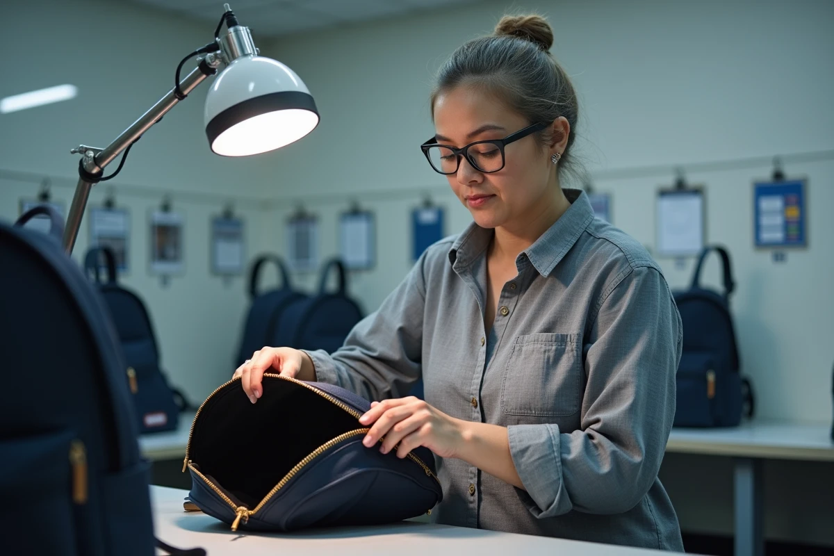 Contrôleuse qualité inspectant un sac à dos Eastpak fini dans un entrepôt de distribution