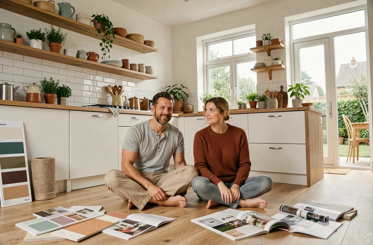 Couple planifiant la décoration de leur maison entouré d'échantillons de tissus et de nuanciers de peinture dans une cuisine ouverte