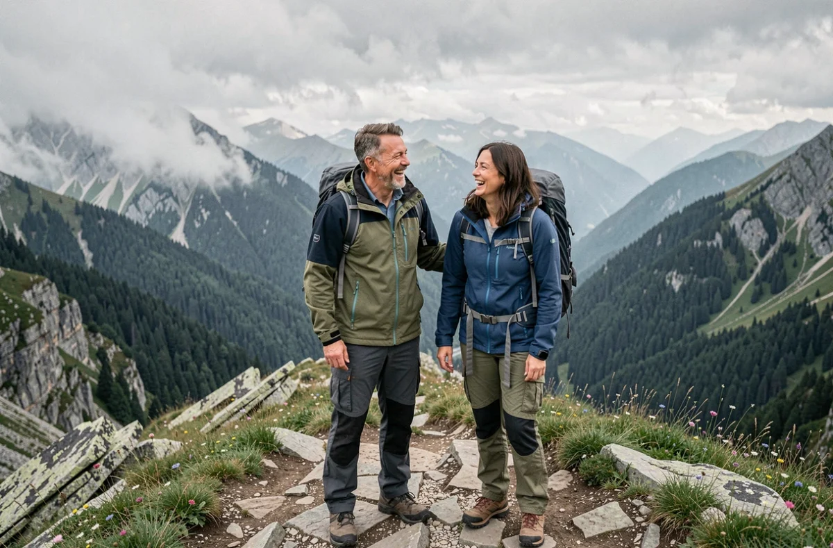Couple de randonneurs souriant sur une crête montagneuse avec une vallée boisée et brumeuse en arrière-plan