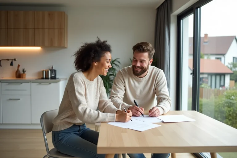 Jeune couple signant les documents d'acquisition d'un logement PSLA dans un appartement neuf moderne