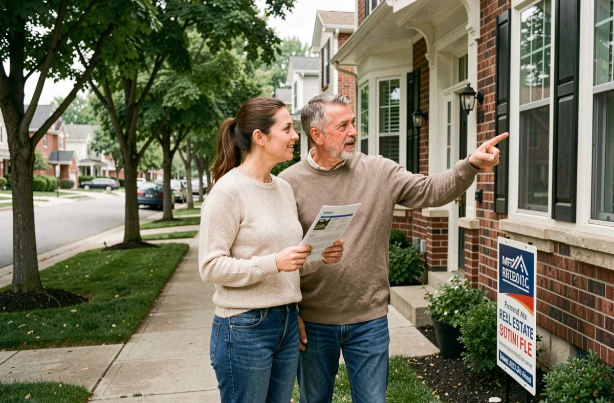 Couple en visite devant une maison à vendre dans un quartier résidentiel calme