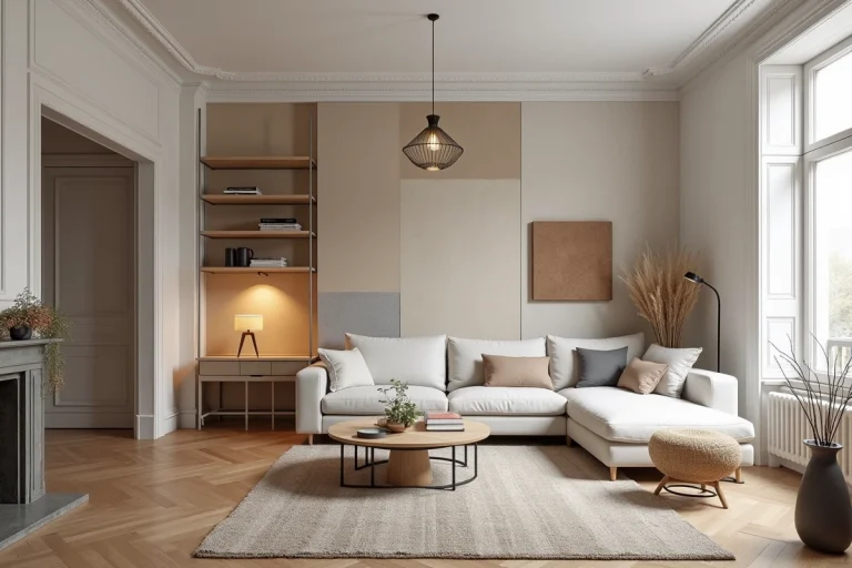 Aperçu d'un intérieur moderne et tendance mêlant panneaux bois, luminaires sculpturaux, étagères métalliques et textiles bouclés dans un appartement parisien