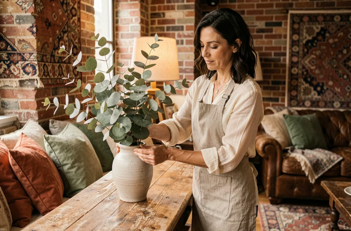 Femme arrangeant des branches de décoration dans un salon chaleureux avec murs en briques et tapis persans colorés