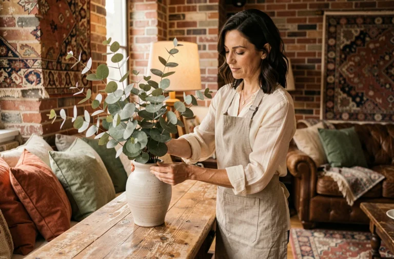 Femme arrangeant des branches de décoration dans un salon chaleureux avec murs en briques et tapis persans colorés