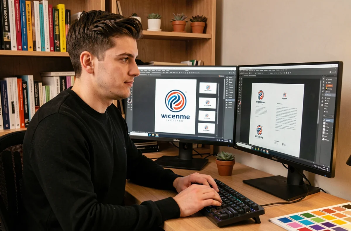 Jeune designer graphique finalisant un logo vectoriel professionnel sur logiciel de création dans un studio à domicile