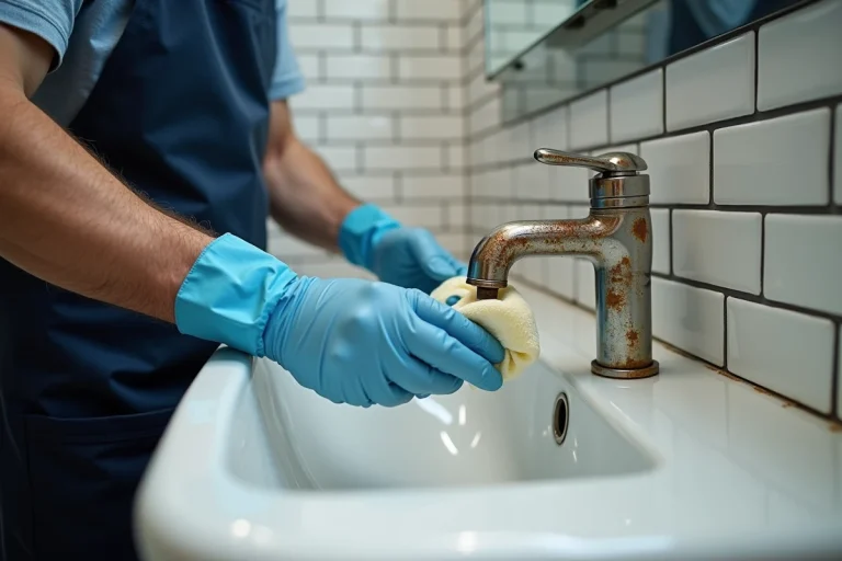 Homme appliquant une pâte anti-rouille sur un robinet en métal chromé dans une salle de bain