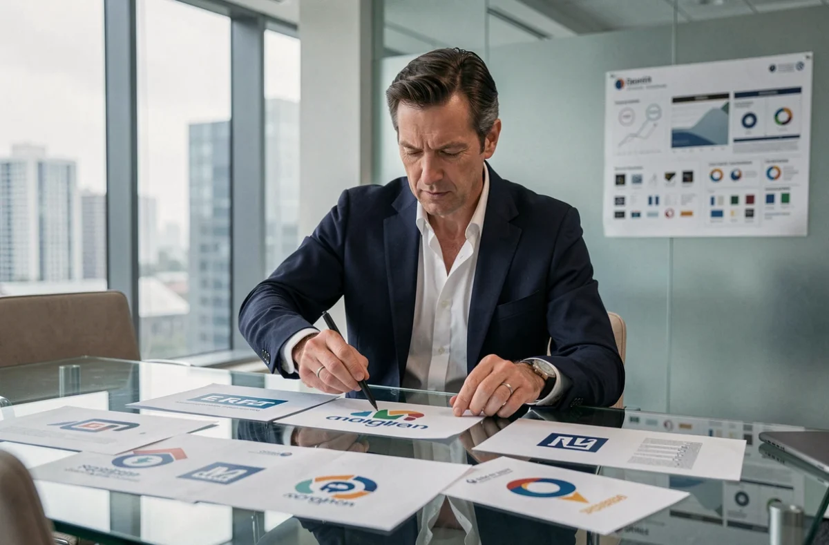 Chef d'entreprise évaluant des propositions de logo professionnel sur une table de réunion moderne