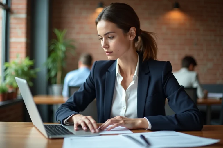Entrepreneuse indépendante travaillant sur son ordinateur portable dans un espace de coworking moderne