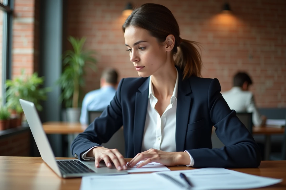 Entrepreneuse indépendante travaillant sur son ordinateur portable dans un espace de coworking moderne