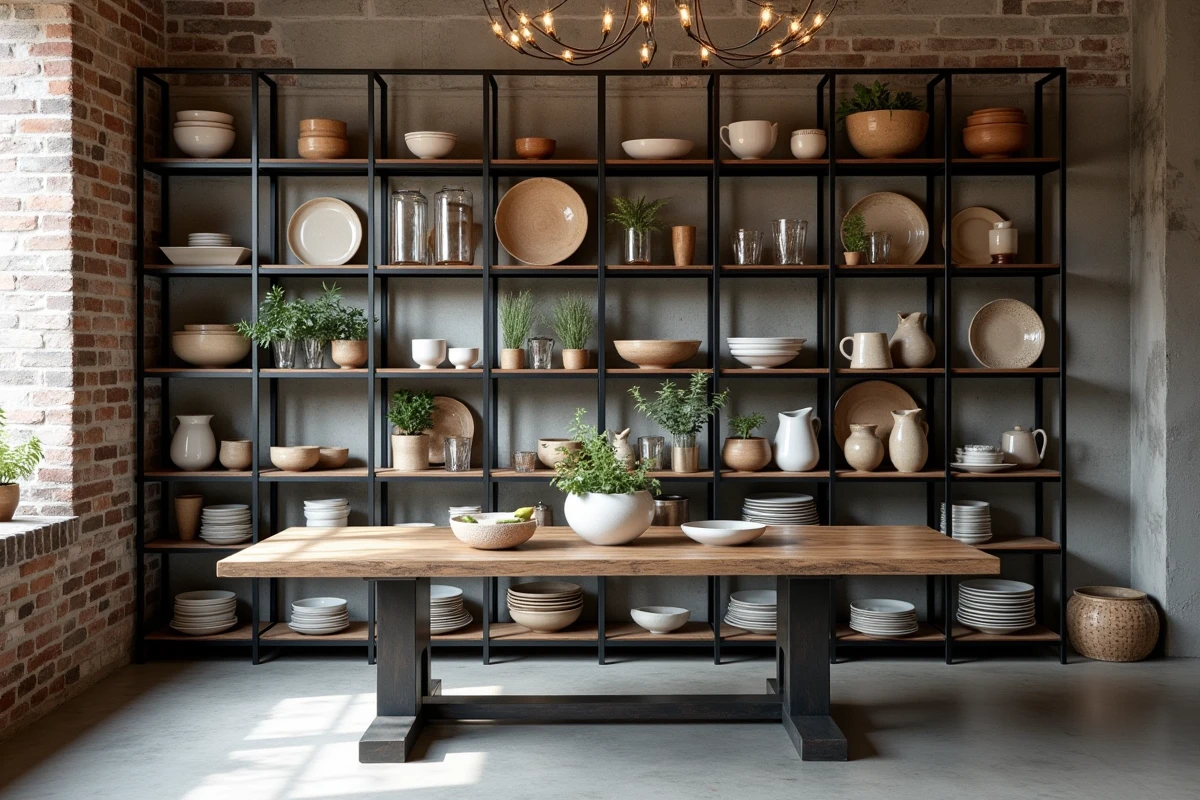 Étagères ouvertes en métal noir mat exposant une collection de vaisselle en grès et céramique artisanale dans une salle à manger industrielle