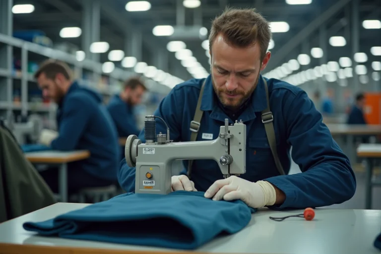 Ouvrier en usine cousant un sac à dos Eastpak sur une machine industrielle dans une manufacture textile belge