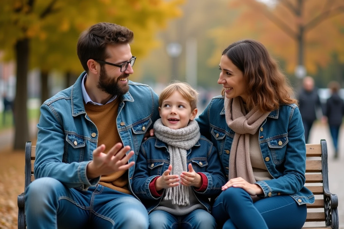 Parents et enfant discutant sur un banc de parc en automne, communication familiale bienveillante