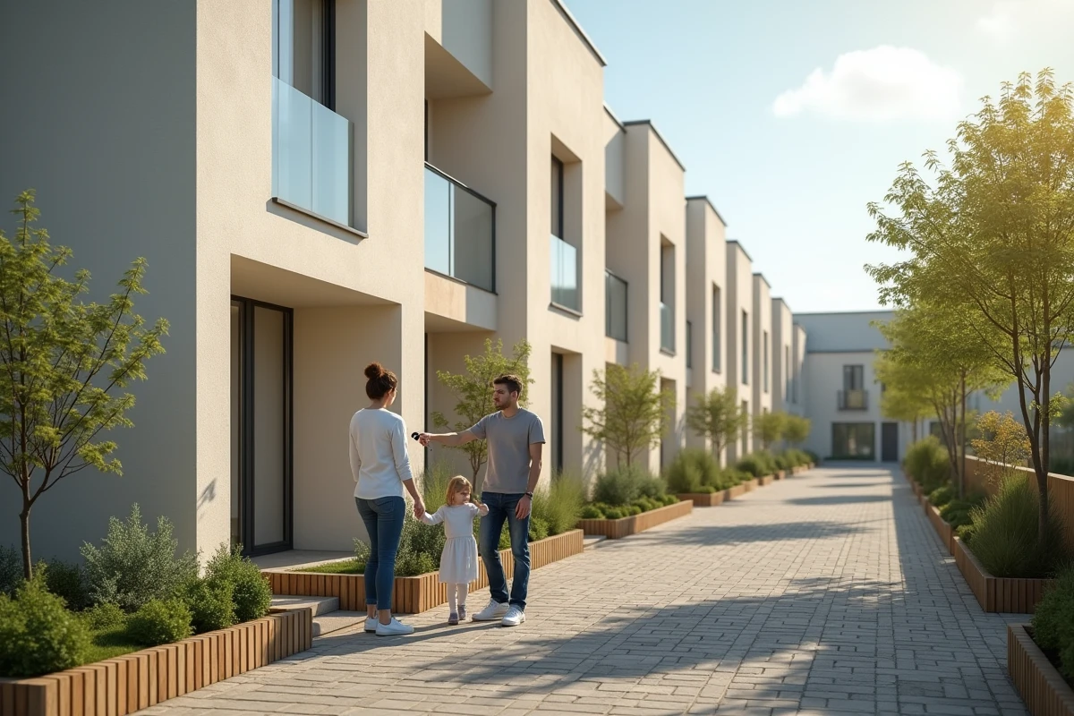 Famille devant la façade d'une résidence neuve acquise en dispositif PSLA en zone périurbaine française