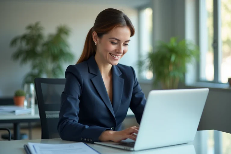 Femme d'affaires analysant des tableaux financiers sur son ordinateur