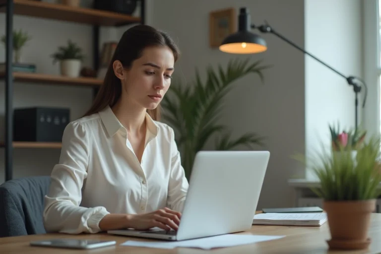 Jeune femme concentrée au bureau à domicile