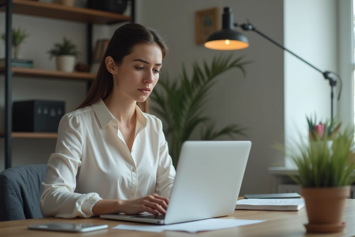 Jeune femme concentrée au bureau à domicile