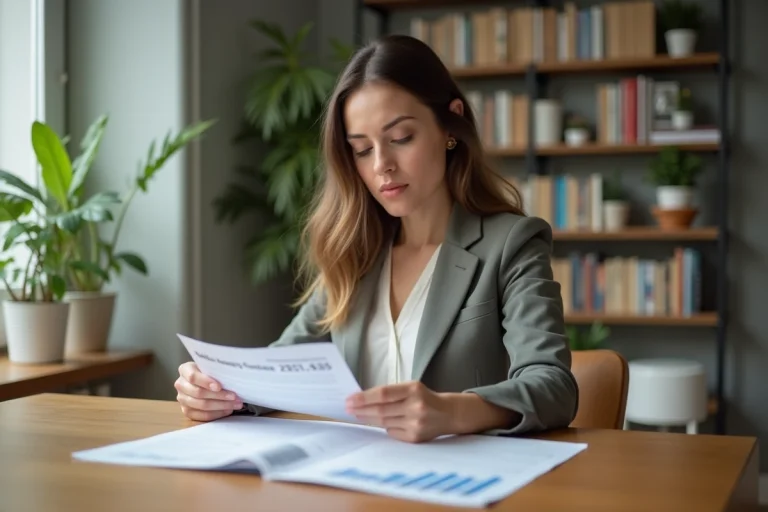 Femme en blazer examinant des documents financiers à la maison