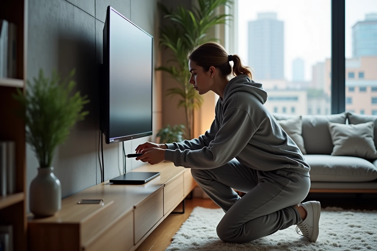Femme insérant une clé USB dans une TV murale moderne