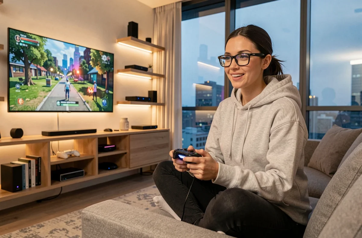 Femme jouant à un jeu vidéo sur console dans un salon moderne avec écran LED, illustration des innovations du divertissement numérique