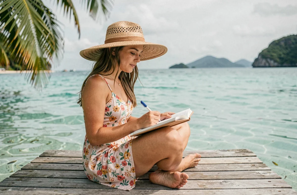 Jeune femme écrivant dans un journal de voyage assise sur un ponton en bois au-dessus d'une eau tropicale turquoise