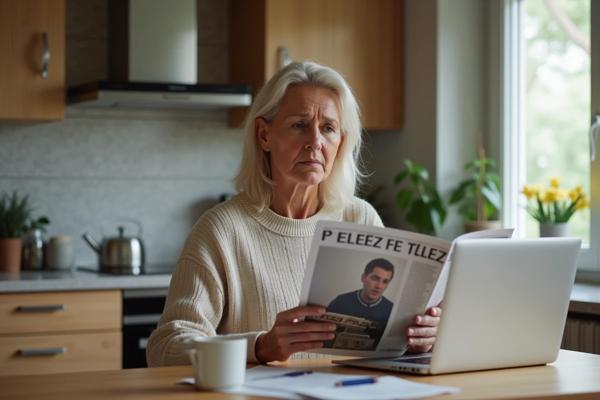 Femme d'âge moyen lisant un magazine dans la cuisine moderne