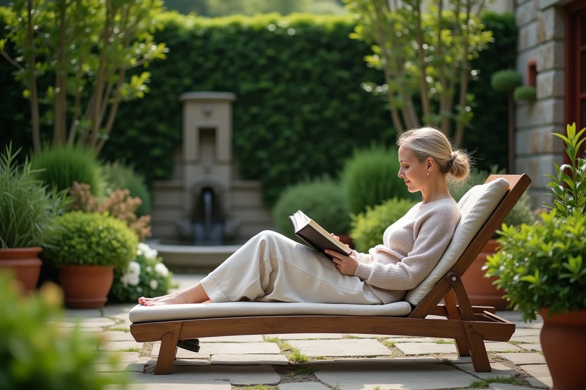 Femme lisant dans un jardin paisible avec plantes vertes