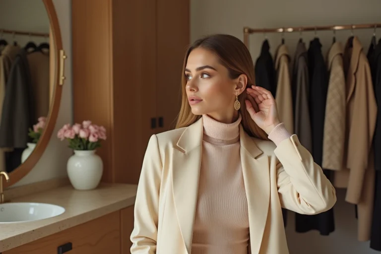 Femme élégante en blazer crème et turtleneck pastel