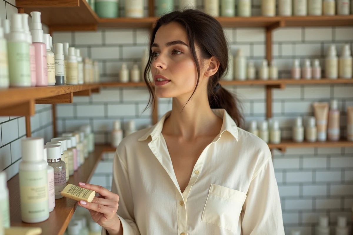 Femme en pharmacie parisienne choisissant des produits de soin et cosmétiques sur une étagère en bois