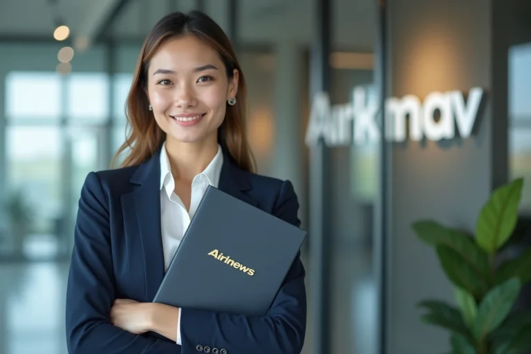 Femme professionnelle debout avec logo Airnews