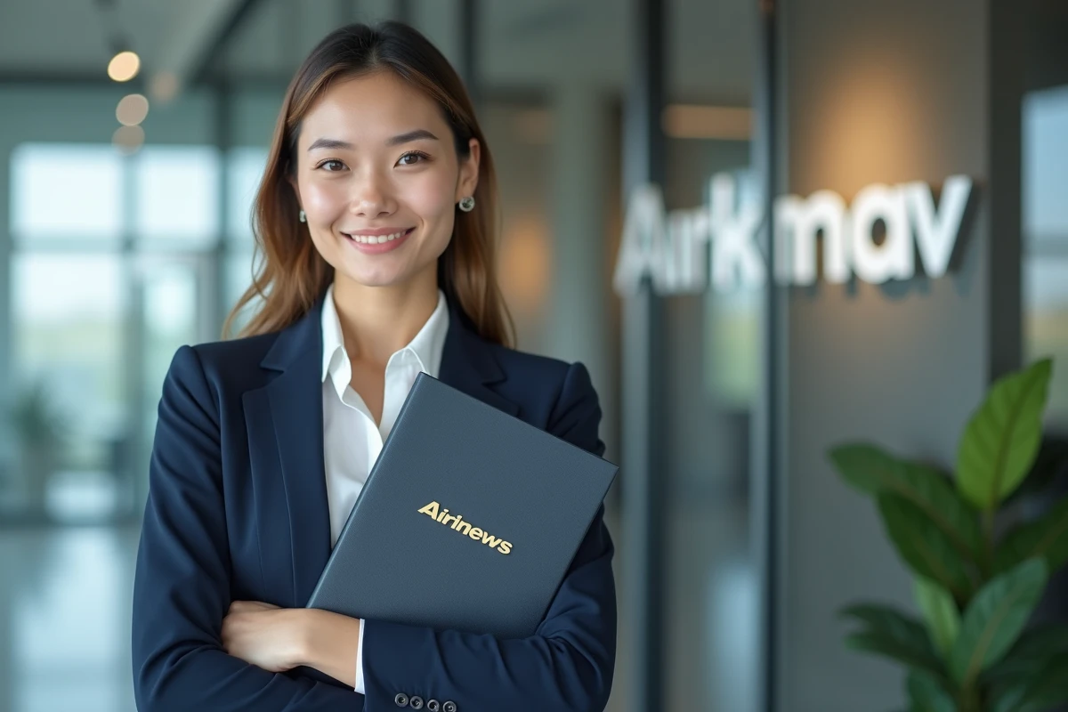 Femme professionnelle debout avec logo Airnews