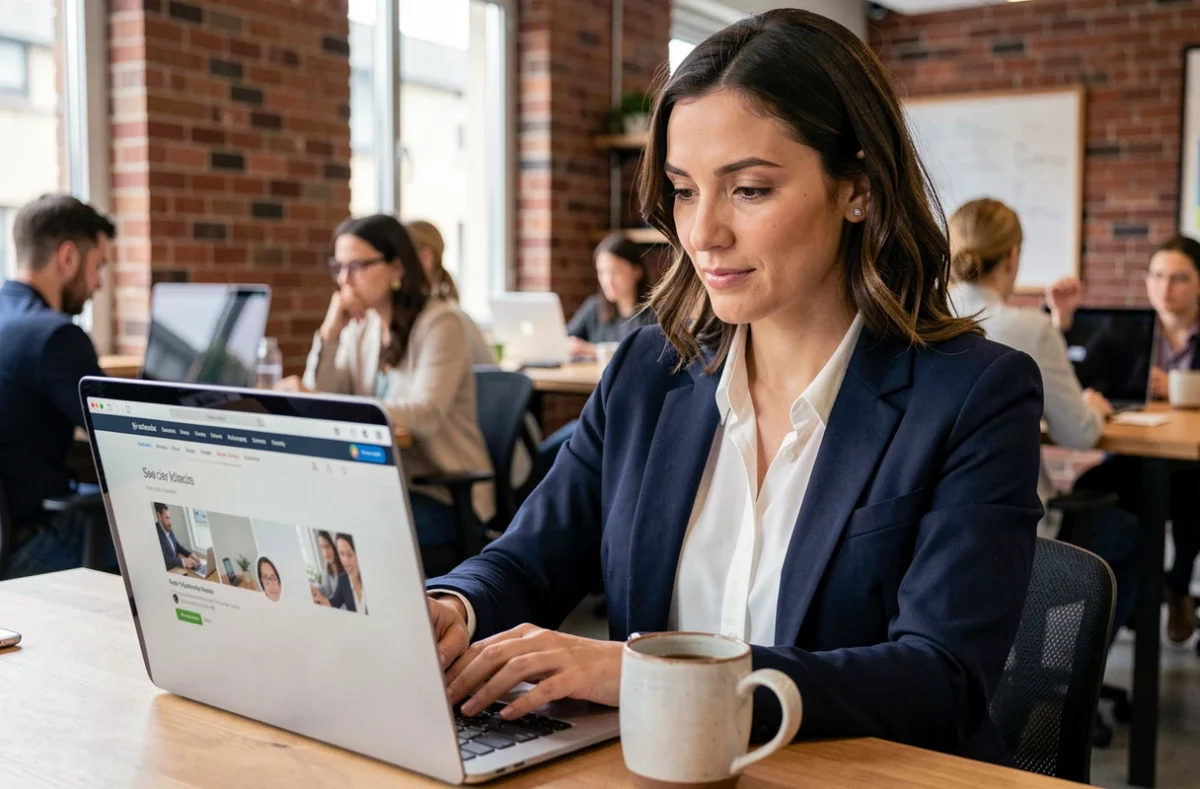Jeune femme cherchant un emploi en startup sur son ordinateur portable dans un espace de coworking moderne