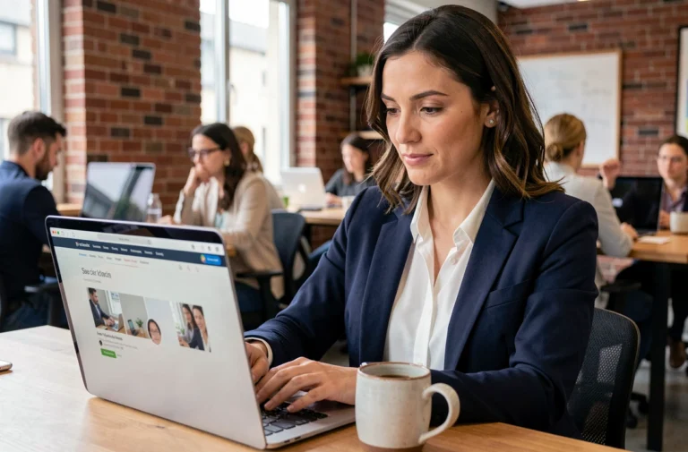 Jeune femme cherchant un emploi en startup sur son ordinateur portable dans un espace de coworking moderne