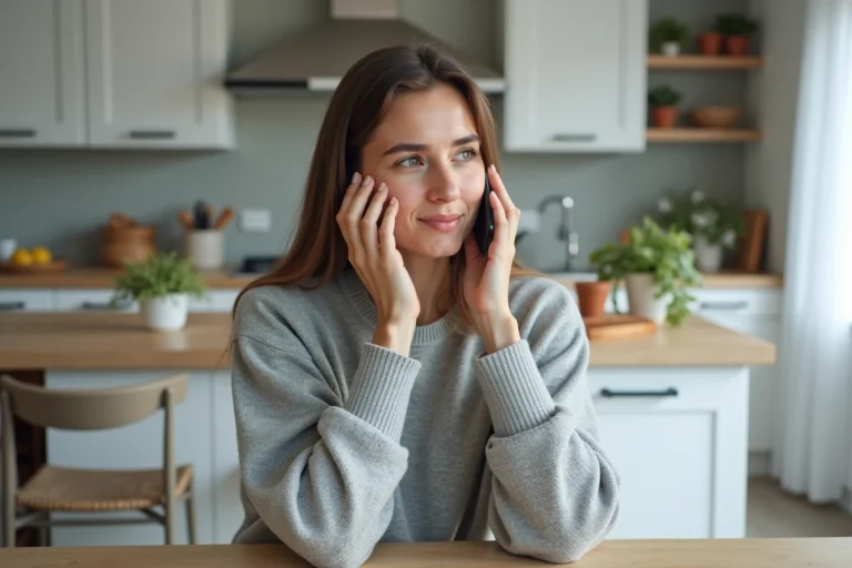Femme utilisant la recherche vocale Google sur smartphone dans une cuisine moderne