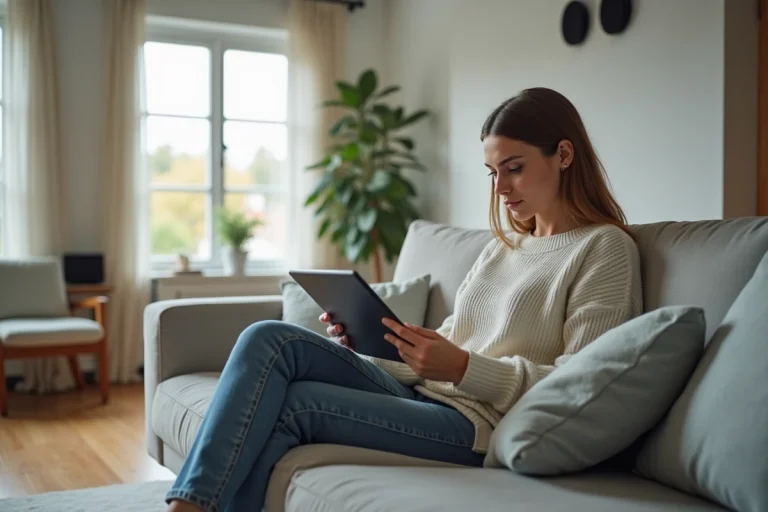 Jeune femme utilisant une tablette pour contrôler la maison connectée