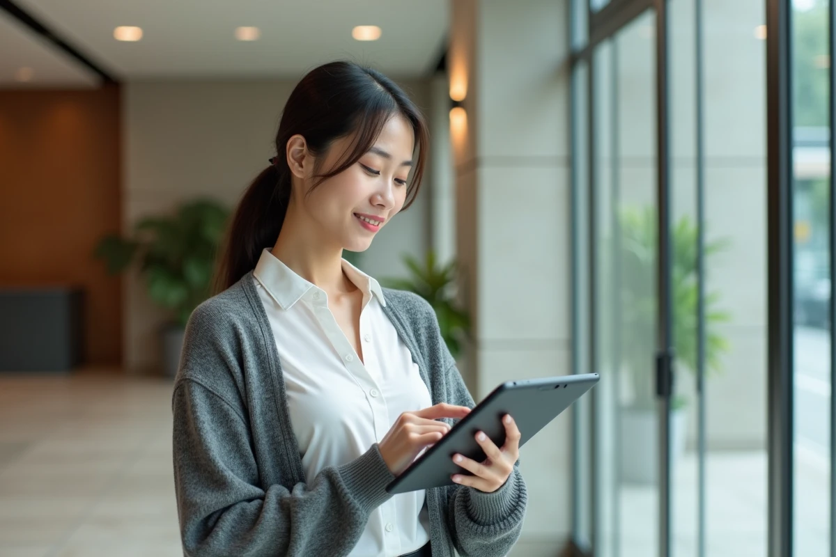 Jeune femme utilisant une tablette près d
