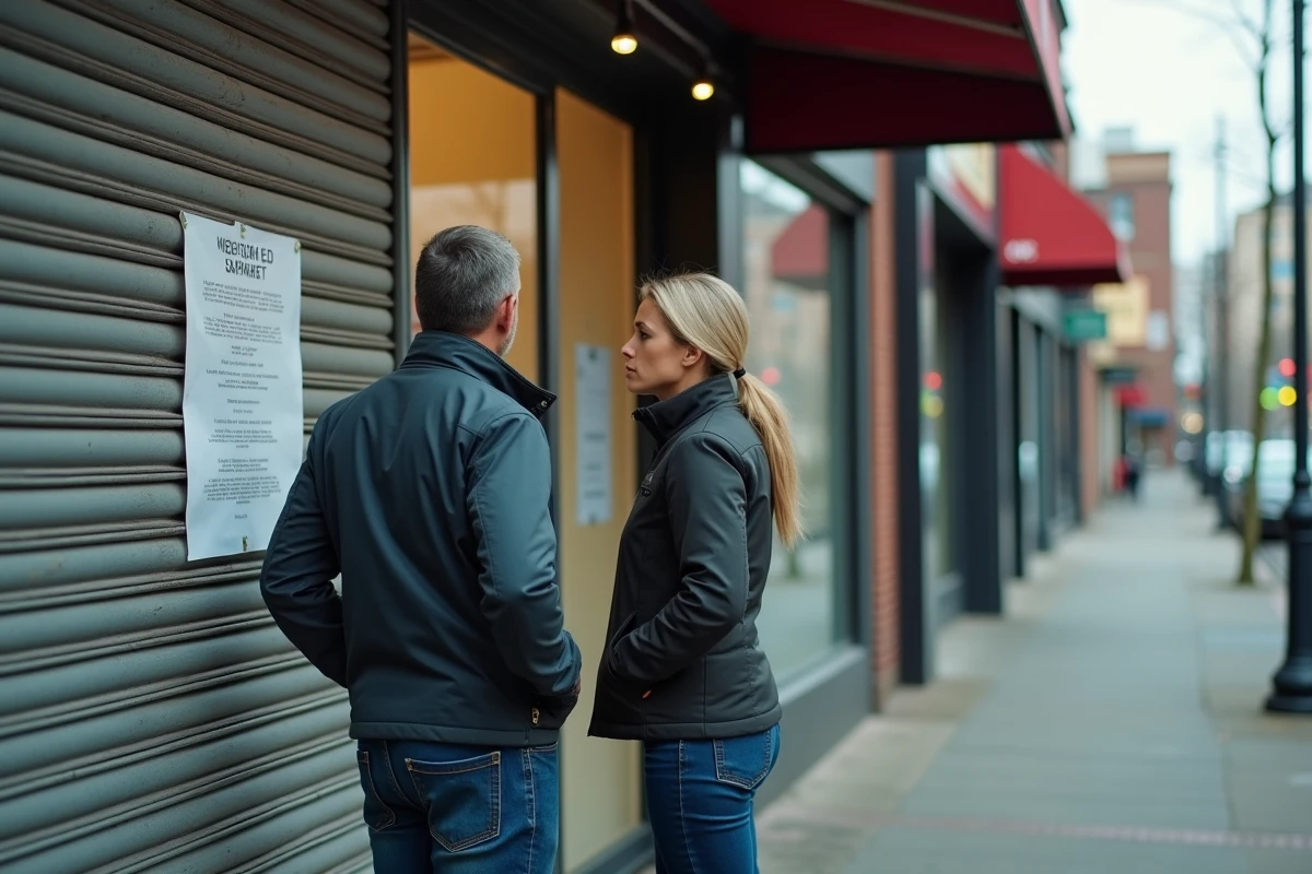 Deux employés devant la vitrine fermée d'un commerce avec un avis officiel affiché, symbolisant la fermeture d'entreprise et les droits aux indemnités