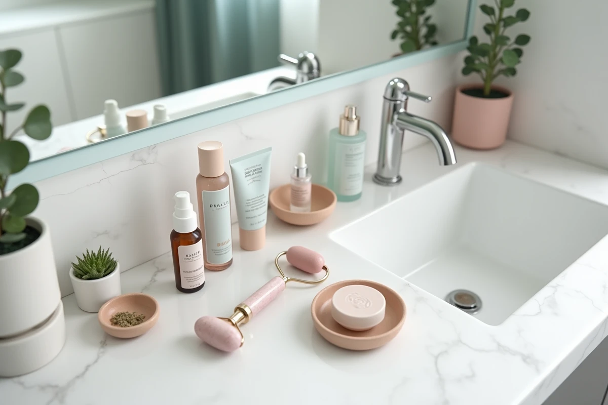 Flat lay de produits de beauté premium sur un comptoir en marbre blanc dans une salle de bain moderne