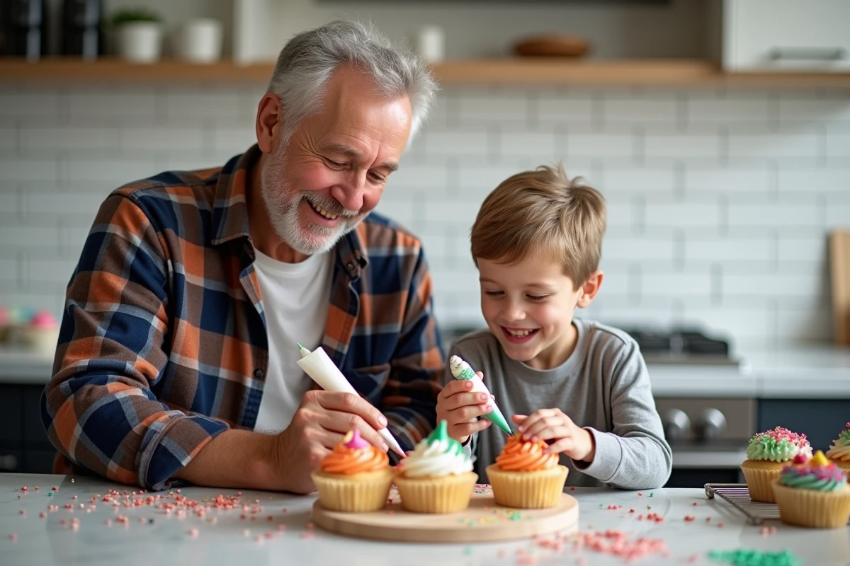 Grand-père et petit-fils décorant des cupcakes ensemble dans une cuisine moderne avec glaçage coloré