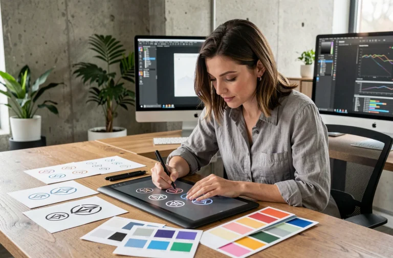 Graphiste professionnelle travaillant sur des concepts de logo avec une tablette graphique dans un studio créatif moderne