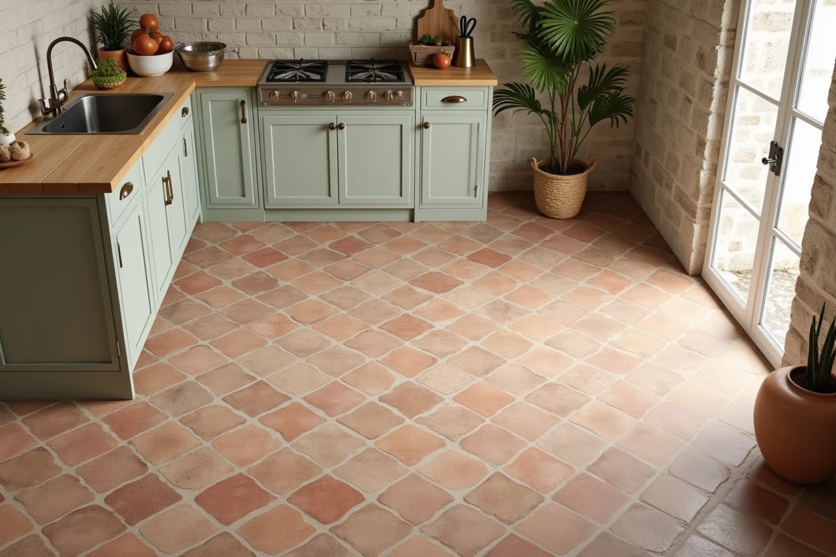 Sol de cuisine en grès recyclé et carrelage circulaire terracotta disposé en mosaïque dans une cuisine de style provençal